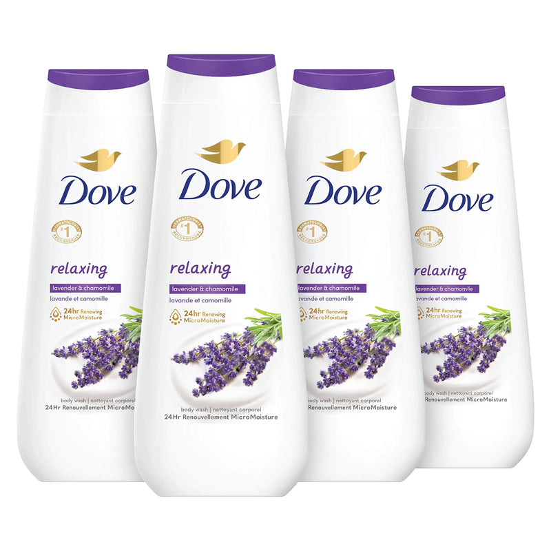 Dove Body Wash 4 Count Relaxing Lavender Oil & Chamomile for Renewed, Healthy-Looking Skin Gentle Skin Cleanser with 24hr Renewing MicroMoisture 20 oz Lavender Oil and Chamomile 20 Fl Oz (Pack of 4)