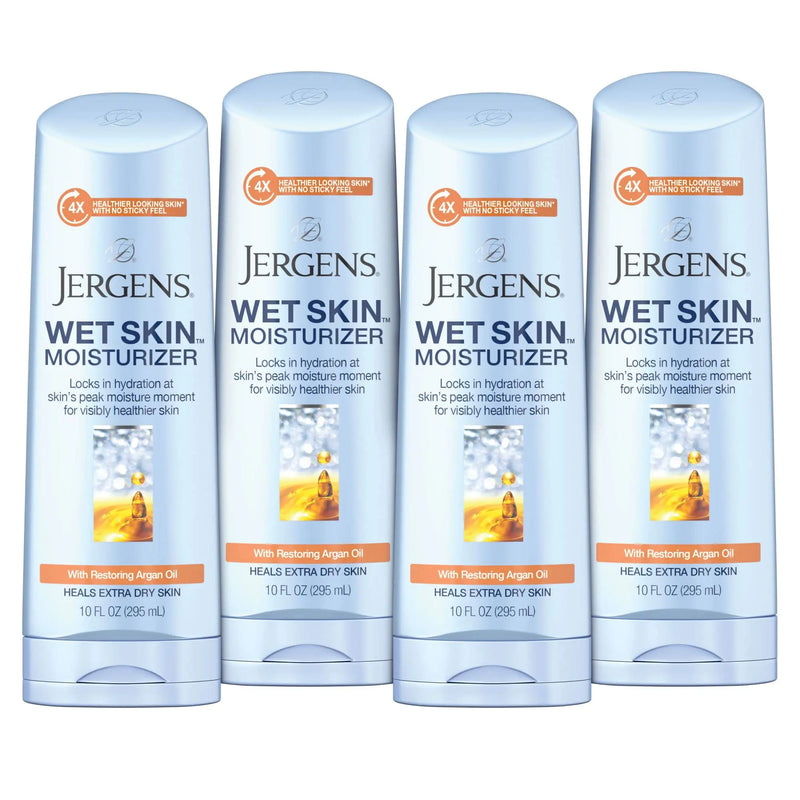 Jergens Wet Skin Body Moisturizer with Restoring Argan Oil, 10 Ounces, 4X Healthier Looking Skin, Fast-Absorbing, Non-Greasy, Dermatologist Tested (Pack of 4) Argan Oil (Pack of 4)