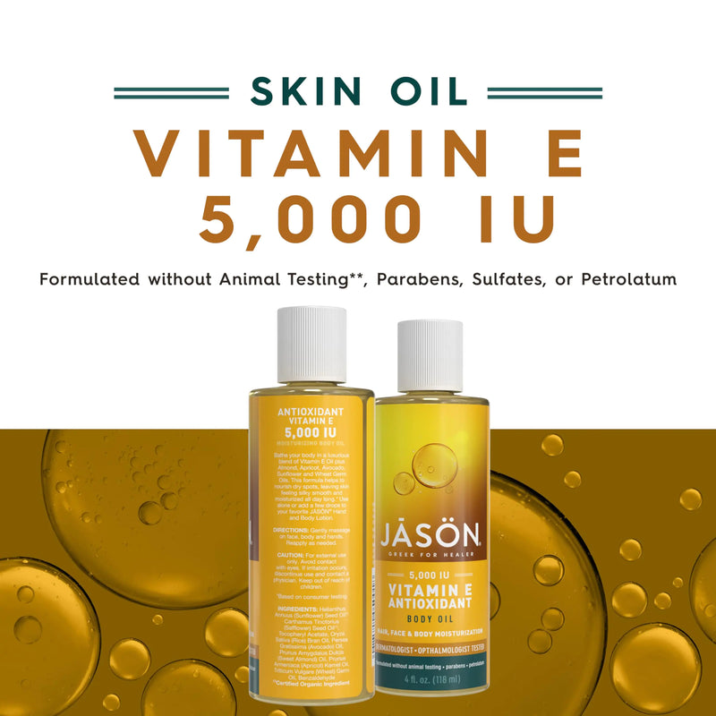 JASON Vitamin E 5,000 IU Moisturizing Body Oil, For Hair, Face, and Body, 4 Fluid Ounces 4 Fl Oz (Pack of 1) All-Over Body Skin Oil