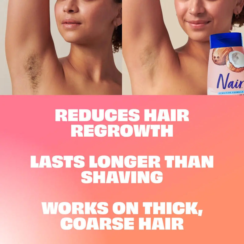 NAIR Sensitive Shower Cream Hair Remover with Natural Coconut Oil and Vitamin E, Body Hair Removal Cream for Women, 12 oz