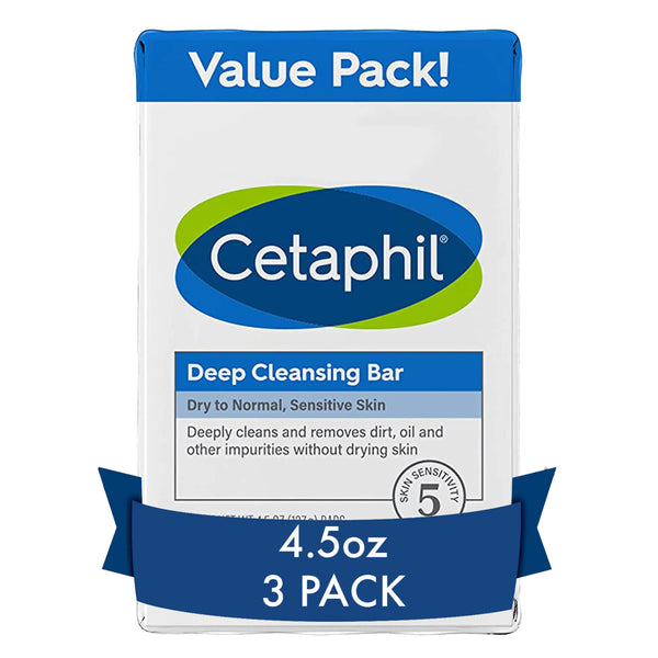 Cetaphil Bar Soap, Deep Cleansing Face and Body Bar, Pack of 3, For Dry to Normal, Sensitive Skin, Soap Free, Hypoallergenic, Paraben Free, Removes Makeup, Dirt and Oil 4.5 Ounce (Pack of 3)