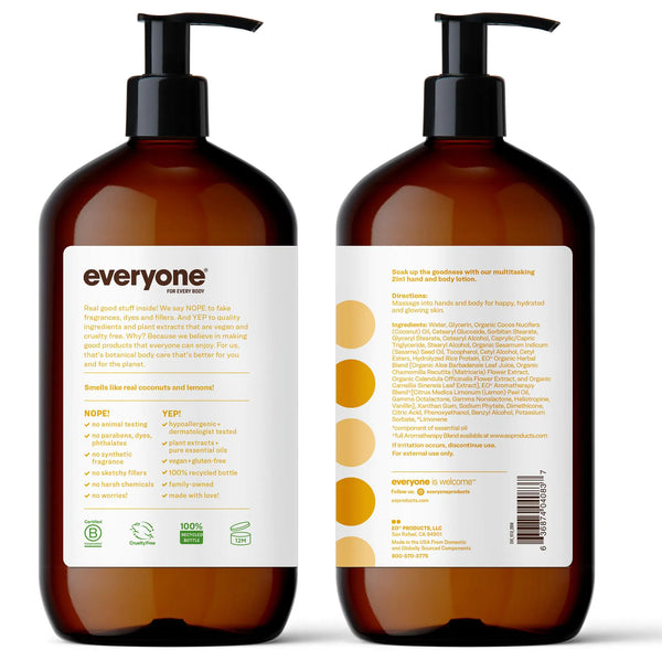 Everyone Nourishing Hand and Body Lotion, 32 Ounce (Pack of 2), Coconut and Lemon, Plant-Based Lotion with Pure Essential Oils, Coconut Oil, Aloe Vera and Vitamin E 32 Fl Oz (Pack of 2)