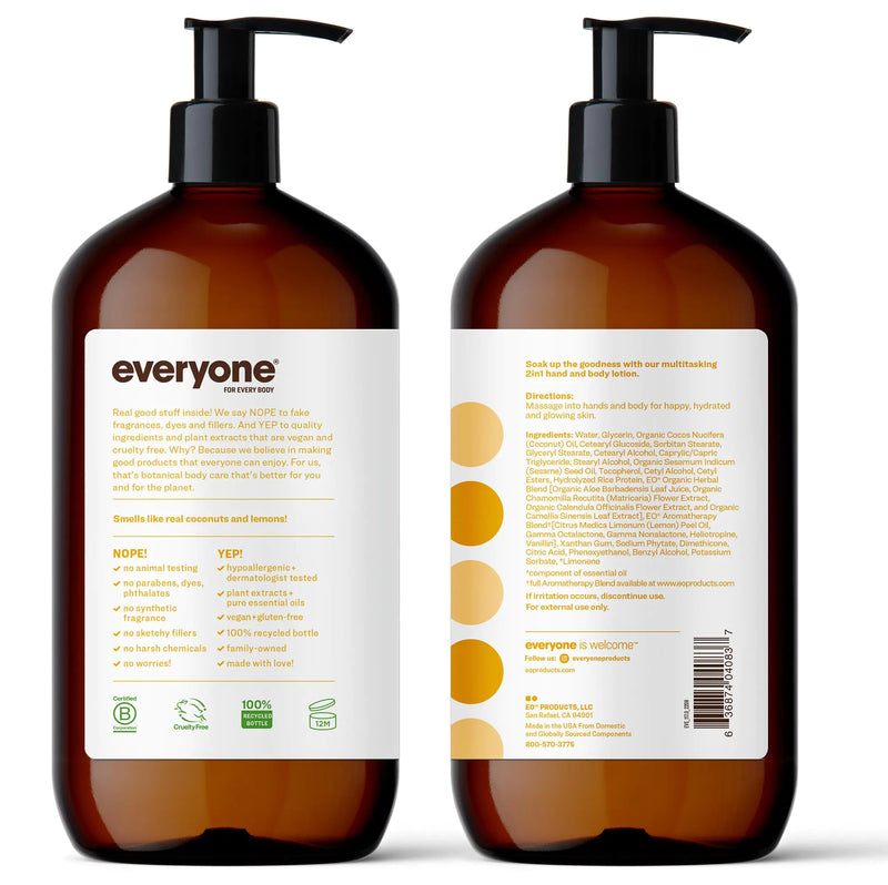 Everyone Nourishing Hand and Body Lotion, 32 Ounce (Pack of 2), Coconut and Lemon, Plant-Based Lotion with Pure Essential Oils, Coconut Oil, Aloe Vera and Vitamin E 32 Fl Oz (Pack of 2)