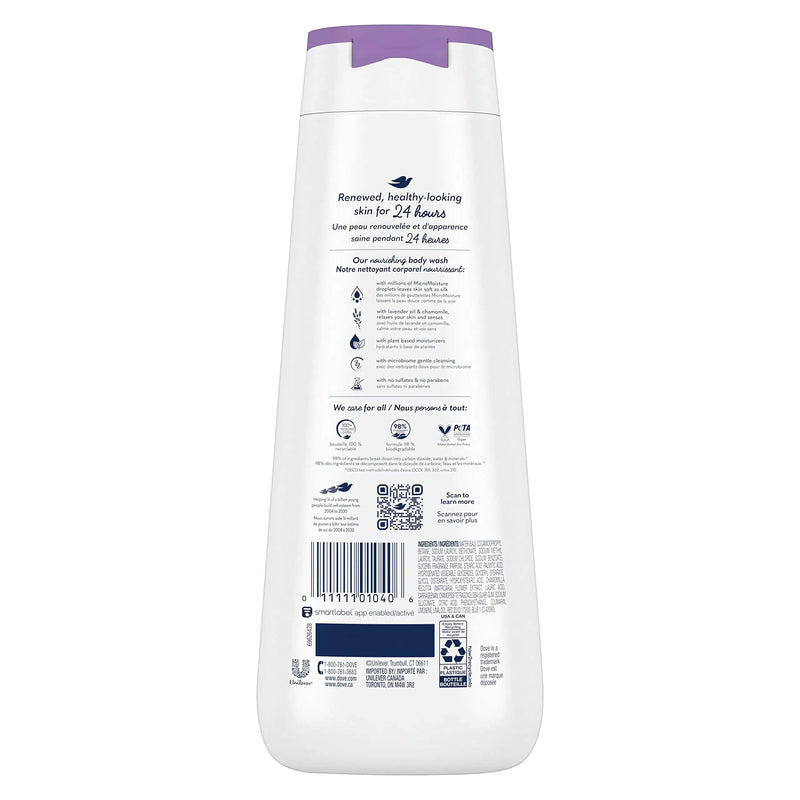 Dove Body Wash 4 Count Relaxing Lavender Oil & Chamomile for Renewed, Healthy-Looking Skin Gentle Skin Cleanser with 24hr Renewing MicroMoisture 20 oz Lavender Oil and Chamomile 20 Fl Oz (Pack of 4)