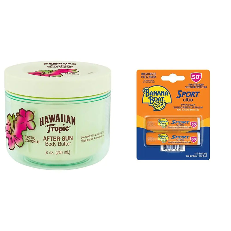 Hawaiian Tropic After Sun Body Butter with Coconut Oil, 8oz & Banana Boat Sport Ultra SPF 50 Lip Sunscreen Twin Pack | After Sun Lotion & Lip Balm Bundle 8 Fl Oz (Pack of 1) After Sun+ Lip Balm, SPF 50