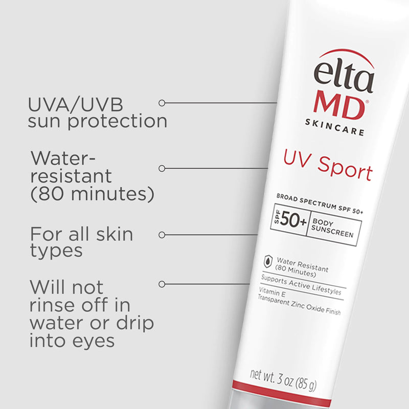 EltaMD UV Sport Sunscreen Lotion, SPF 50 Body Sunscreen, Water and Sweat Resistant, Oil-Free, Zinc Oxide Formula, Travel Size, 3 oz Tube